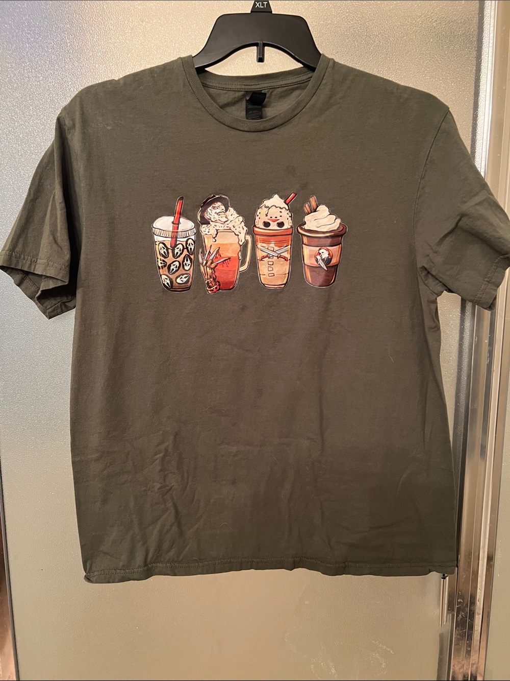 Custom Gildan Olive Short-Sleeve Tee with Horror Movie Iced Coffee Graphic